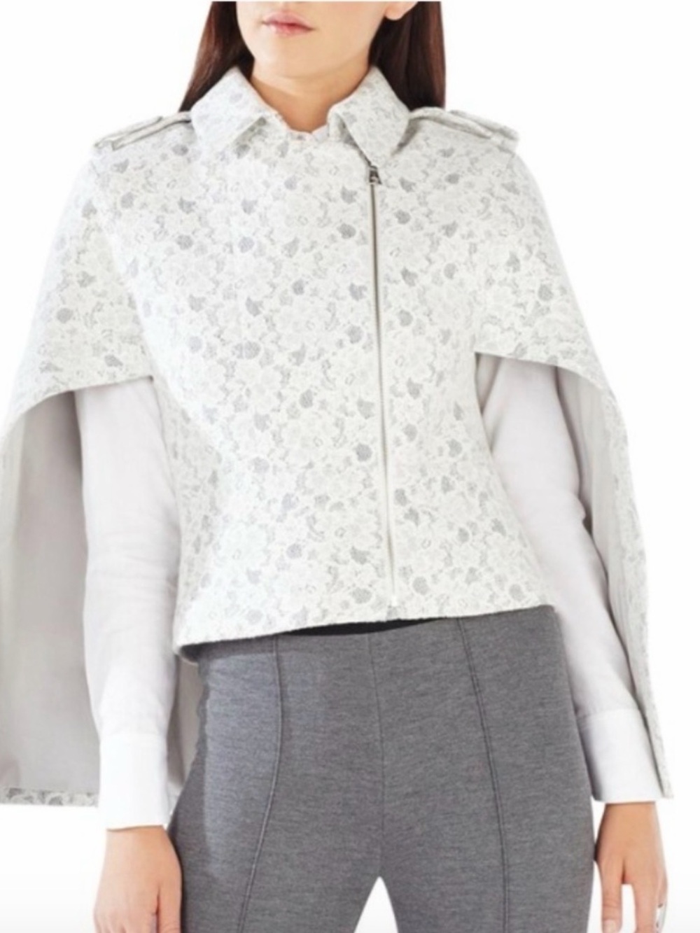 BCBGMaxAzria White Floral Lace Zip Cape Jacket